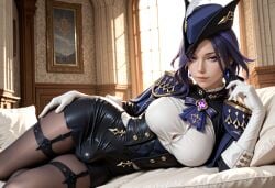 1futa ai_generated blue_hair breasts bulge bulge_through_clothing clorinde_(genshin_impact) futanari genshin_impact multicolored_hair pantyhose purple_eyes purple_hair skirt sparcy