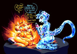 2021 anthro anthro_on_anthro ass bestfriendforever chest_tuft crotch_tuft dialogue duo elemental_creature english_text female fire fire_creature futanari genitals gynomorph gynomorph/female hi_res holding_penis horn ice ice_creature imminent_sex intersex intersex/female interspecies kneeling lagomorph leporid lying mammal mineral_fauna nude on_back penis pussy rabbit scalie spread_legs spreading text tuft