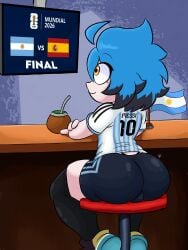 1boy argentina_national_football_team artist_self-insert bike_shorts blue_hair bulge femboy huge_ass mordo_(youtuber) soccer_uniform thick_thighs thong trap yellow_eyes
