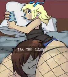 1ambiguous 1other ambiguous/female ambiguous_gender antlers artist_request bed black_tshirt blonde_female blonde_hair blue_antlers blue_nose bored carol_holiday cling clingy deer deer_ears deer_girl deer_tail deltarune deltarune_chapter_4 female female/ambiguous fishnets fur furry_female girl grey_body im_this_clingy_(meme) looking_at_phone meme meme_caption meme_pose meme_reference milf monster monster_girl monster_lady self_insert thick_thighs thighs vessel_(deltarune) viewer_insert you