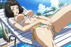 1girl ai_generated beach_chair bikini bikini_bottom_aside bikini_bottom_only black_hair blue_sky blush breasts breasts_out brown_eyes chair clothing_aside cloud day digitalwaifugallery female_masturbation fingering hi_res high_quality high_resolution looking_at_viewer lounge_chair lying masturbation medium_breasts navel nipples on_back open_mouth outdoors palm_tree patreon persona_5 pussy pussy_juice sadayo_kawakami seductive sexy shiny_skin shirt short_hair short_sleeves side-tie_bikini_bottom sky solo spread_legs striped_bikini striped_clothes sunlight sweat swimsuit tied_shirt tree umbrella uncensored water watermark whistle whistle_around_neck white_shirt