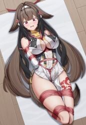 1girl absurdres animal_ears arms_behind_back bdsm blush bondage bound bound_arms bound_legs bound_thighs bound_torso bound_wrists breast_bondage breasts brown_hair bt_(artist) china_dress chinese_clothes clothes_between_thighs crotch_rope dress droopy_ears embarrassed female_only femsub fluffy_tail fox_ears fox_girl fox_tail hairband highres large_breasts long_hair open_mouth red_eyes red_rope restrained rope shibari shibari_over_clothes solo struggling tail trembling very_long_hair voluptuous voluptuous_female ye_shunguang zenless_zone_zero