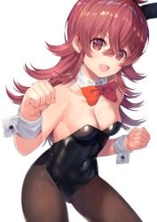1girls :d ahoge animal_ears bare_shoulders black_hairband blush bow bowtie breasts brown_hair brown_pantyhose bunny_ears bunny_girl bunnysuit cleavage clenched_hands collar collarbone commentary_request covered_navel detached_collar fake_animal_ears hair_between_eyes hairband highres idolmaster idolmaster_shiny_colors komiya_kaho leotard long_hair looking_at_viewer medium_breasts open_mouth orange_bow orange_bowtie pantyhose playboy_bunny rabbit_ears rangen red_eyes simple_background smile solo strapless strapless_leotard white_background white_collar wing_collar wrist_cuffs