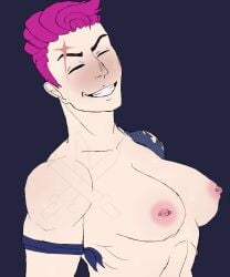 blushing_at_viewer buff_female muscular_female nipple_piercing overwatch overwatch_2 pink_hair scar smiling_at_viewer sweating sweating_breasts sweating_female tattoo zarya_(overwatch)