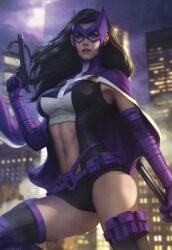 1girls absurd_res absurdres armpit athletic athletic_female big_breasts black_hair blue_eyes bodysuit cape city city_background clothed clothed_female costume covered_breasts crossbow dc dc_comics exposed_belly exposed_midriff exposed_thighs eyeliner eyeshadow female female_only fully_clothed helena_bertinelli heroine hi_res highres huntress_(dc) light-skinned_female light_skin long_gloves long_hair makeup mask masked masked_female night nighttime stanley_lau superheroine thigh_highs thighhighs thighs