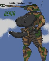 anonymous_artist anthro armored_vehicle big_breasts big_penis bodily_fluids breasts camo cannon cum digital_media_(artwork) dripping genital_fluids genitals gynomorph hi_res intersex inverted_nipples living_machine living_vehicle machine nipples penis ranged_weapon solo tank_(vehicle) vehicle weapon
