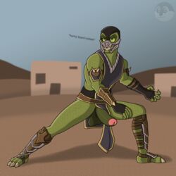 1:1 2021 3_toes 5_fingers anthro anthro_only armor balls big_penis claws clothed clothing darkened_balls darkened_genitalia darkened_penis desert english_text erection feet fingers genitals glans gloves green_balls green_body green_eyes green_penis grin handwear humanoid_genitalia humanoid_penis lizard looking_at_viewer male male_focus male_only mortal_kombat netherrealm_studios penis pink_glans pupils reptile reptile_(mortal_kombat) saurian_(mortal_kombat) scalie slit_pupils smile solo teeth text thehuskyk9_(artist) toe_claws toes video_games