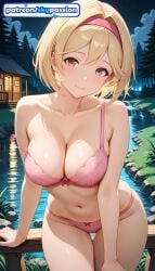 1girls 2026 ai_assisted ai_generated anime beach blonde_hair boobs branch breasts bush bust cloud djeeta_(granblue_fantasy) granblue_fantasy hi_res high_quality high_resolution highres looking_at_viewer navel night night_sky patreon patreon_username pink_bikini pink_bra pink_panties sky skypassion smile solo stable_diffusion tanzaku tits water watermark