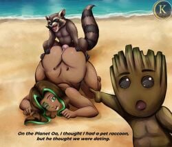 beach big_ass crossover dc dc_comics disney doggy_style groot interspecies jessica_cruz kyunamaori latina marvel mounting nude nude_female nude_male pointing_meme raccoon rocket_raccoon text warner_brothers