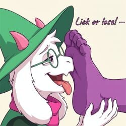 ai_generated barefoot deltarune foot_fetish gemini glasses half-closed_eyes hat holding_foot purple_body ralsei ralsei_with_white_fur simple_background smile smiling susie_(deltarune) text tongue_out white_fur