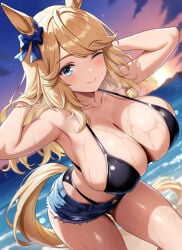 1girls arms_up asanagi_shion beach bikini_bottom_under_shorts blonde_hair blue_eyes blue_shorts cleavage closed_mouth denim_shorts evening gold_city_(umamusume) horse_ears horse_girl huge_breasts looking_at_viewer ocean one_eye_closed outdoors smile solo sweat swept_bangs thighs umamusume umamusume_pretty_derby