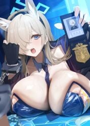 1girl animal_ears aqua_halo black_gloves blonde_hair blue_archive blue_eyes blue_necktie blush breasts commentary cuffs detached_collar fingerless_gloves gloves hair_ornament hair_over_one_eye hairband halo handcuffs highres huge_breasts kanna_(blue_archive) long_hair looking_at_viewer md5_mismatch necktie one_eye_covered open_mouth poker_chip police_badge solo xiujia_yihuizi