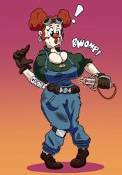 2d_(artwork) breast_expansion breasts_bigger_than_head clown_girl gloves huge_breasts mechanic overalls steampunk thegreenthief