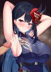 1boy 1girl after_armpit_sex armpit_focus armpits arms_behind_head arms_up babouto bare_shoulders black_hair blue_hair blush breasts censored chaos_zero_nightmare china_dress chinese_clothes closed_mouth colored_inner_hair commentary_request cum cum_on_armpits cum_on_body cum_on_breasts cum_on_clothes cumdrip dress earrings fei_(chaos_zero_nightmare) hair_behind_ear highres horned_mask jewelry large_breasts long_hair mask mask_on_head mosaic_censoring multicolored_hair oni_mask penis presenting_own_armpit print_dress red_eyes red_mask simple_background sleeveless sleeveless_dress steaming_body sweat sweaty_armpits tassel tassel_earrings two-tone_hair