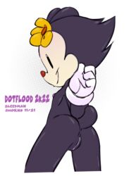 2021 absurd_res accessory animaniacs anthro anus ass black_body black_eyes bleedman bodily_fluids clothing cum cum_in_pussy cum_inside dated dot_warner female flat_chested flower flower_in_hair genital_fluids genitals glistening glistening_body glistening_butt glistening_hair glistening_tail gloves hair hair_accessory handwear hi_res inkblot looking_back mammal mostly_nude nipples pattern_background plant pussy raised_tail red_nose short_tail signature simple_background smile solo standing text warner_brothers white_background white_body white_clothing white_gloves white_handwear young