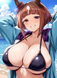 1girls arms_behind_head arms_up asanagi_shion black_bikini blue_jacket blue_sky brown_hair cleavage cloudy_sky day horse_ears horse_girl huge_breasts looking_at_viewer multicolored_hair open_jacket outdoors red_eyes short_hair solo transcend_(umamusume) umamusume umamusume_pretty_derby upper_body white_hair