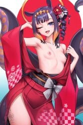 1girls animal_ears areolae armpits bare_shoulders breasts collarbone drill_hair exposed_armpits exposed_breasts fancy_clothing female female_only flower_in_hair hair_accessory halo hand_behind_head hololive hololive_english hololive_myth kemonomimi kimono light-skinned_female light_skin looking_at_viewer ninomae_ina'nis nipples no_bra off_shoulder one_eye_closed open_mouth open_smile pointy_ears purple_eyes purple_hair robes shaved_armpit shaved_armpits short_hair skinny slender_body small_breasts smile solo standing straight_bangs tentacles thighs topless unstableboiler virtual_youtuber wink winking_at_viewer