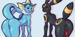 anthro anus ass balls bent_over blush duo eeveelution female genitals hi_res looking_at_viewer looking_back male nintendo nude open_mouth open_smile penis pokémon_(species) pokemon pokemon_(species) pussy ratopombo rear_view simple_background smile umbreon vaporeon video_games