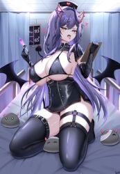 1girl 1girls absurdres ahoge akuma_nihmune bandages big_breasts bikini black_bikini black_shrug black_skirt black_thighhighs black_wings blush breasts busty cleavage clipboard demon_girl demon_horns demon_tail demon_wings facial_mark female hair_ornament hat heart heart_facial_mark highres holding holding_clipboard horns indie_virtual_youtuber infirmary large_breasts latex long_hair looking_at_viewer massive_breasts mole mole_under_eye nurse nurse_cap open_mouth purple_hair red_eyes red_horns shrug_(clothing) skirt solo star_(symbol) star_hair_ornament swimsuit syringe tail thick thick_thighs thighhighs thighs tits tongue virtual_youtuber vtuber wings