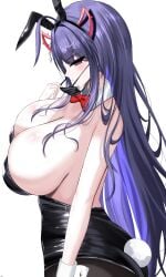 1girl 1girls absurdres ahoge akuma_nihmune animal_ears big_breasts black_leotard bow breasts busty cleavage demon_horns female hair_ornament highres horns huge_breasts indie_virtual_youtuber leotard long_hair looking_at_viewer mask mask_pull massive_breasts mouth_mask pink_eyes playboy_bunny purple_hair rabbit_ears rabbit_tail red_bow sideboob solo star_(symbol) star_hair_ornament tail tits virtual_youtuber voluptuous vtuber white_background