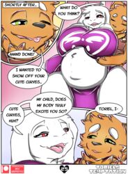 anthro ass belly big_belly big_breasts bodily_fluids boss_monster bovid breasts canid canine caprine clothed clothing comic cum digital_media_(artwork) duo english_text female fur genital_fluids genitals inflation inflation male male/female mammal mature_anthro mature_female neo_geppetto nipples overweight overweight_female pregnant pussy simple_background slightly_chubby smile text thick_thighs toriel undertale undertale_(series) video_games white_body white_fur wide_hips