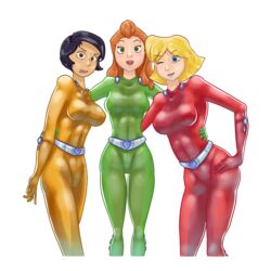 1:1 2010s 2018 3girls alex_(totally_spies) alpha_channel alternate_version_at_source alternate_version_available belt black_hair blonde_hair blue_eyes bodysuit breasts cameltoe clothing clover_(totally_spies) dark_skin eyebrows female female_focus female_only gonzaxjames green_bodysuit green_eyes hair hand_on_thigh handwear hazel_eyes highres human human_only looking_at_viewer multiple_girls orange_hair pale_skin png red_bodysuit redhead rubber rubber_clothing rubber_suit sam_(totally_spies) shiny_clothes standing teeth tongue tongue_out totally_spies transparent_background trio wink winking_at_viewer yellow_bodysuit yellow_eyes