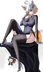 1girl 1girls absurdres ahoge animal_ears big_ass big_breasts black_dress black_gloves black_sleeves black_thighhighs breasts closed_mouth commentary curvy demenishki dress english_commentary facial_mark fat_ass female garter_straps gem gloves high_heels highres indie_virtual_youtuber jewelry large_breasts looking_at_viewer multicolored_hair necklace orange_gem orange_hair purple_eyes red_panda_ears red_panda_girl red_panda_tail short_hair sitting solo thick thick_ass thick_thighs thighhighs thighs tits virtual_youtuber vtuber whisker_markings white_background white_hair