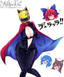 1girls 2026 3girls alluring big_breasts blue_hair bodysuit breasts brown_hair bursting_breasts cape cat_ears celty_sturluson_(cosplay) color colored cosplay crossover_cosplay curvaceous curvaceous_body curvaceous_female curvaceous_figure curvaceous_hips curvy curvy_body curvy_female curvy_figure curvy_hips durarara!! enticing female helmet high_resolution highres hips hourglass_figure huge_breasts large_breasts light-skin light-skinned_female massive_breasts nanaii_desu open_bodysuit open_clothes pinup seducing seductive seductive_look seductive_pose sekibanki shiny shiny_breasts shiny_clothes shiny_skin short_hair skin_tight teasing temptation tempting thick thick_breasts thick_hips thick_thighs tight_clothes tight_clothing touhou touhou_project unzipped unzipped_bodysuit voluptuous voluptuous_female white_background wide_hips zipper zipper_down zipper_pull_tab