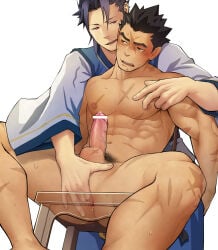 2boys abs anal_fingering architecture bar_censor bara black_hair blush brown_eyes censored character_request chinese_clothes clothed_male_nude_male commentary_request cross_scar erection fingering furrowed_brow itto_(mentaiko) long_sleeves looking_at_another male_focus multiple_boys muscular muscular_male nipple_stimulation nipple_tweak nipples nude on_stool open_mouth pectorals precum pubic_hair purple_eyes sangokushi_puzzle_taisen scar scar_on_arm scar_on_chest scar_on_face scar_on_leg scar_on_shoulder scar_on_stomach scar_on_testicles short_hair simple_background sitting smile sousou_(puzzle_taisen) stool sweat white_background wide_sleeves yaoi