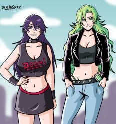 2girls bambietta_basterbine belly_button belt big_breasts big_tits black_jacket black_skirt black_tshirt bleach bleach:_sennen_kessen-hen bleach:_the_thousand-year_blood_war blue_jeans breast breasts candice_catnipp city city_background collar damiansmtz green_eyes green_hair heart_belt jeans leather_jacket legs long_hair long_legs nails nails_painted panties panties_visible_through_clothing purple_eyes purple_hair questionable quincy_(bleach) quincy_bitch rockstar sky smile smiling_at_viewer smug smug_face smug_smile sternritter thighs thong tits two_girls