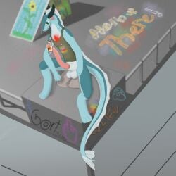 anthro aquatic aquatic_dragon blush bodily_fluids bottomless clothed clothing countershade_torso countershading detailed_background dragon erection genital_fluids genitals graffiti green_eyes hi_res holding_with_penis knot knotted_penis long_penis male mythological_creature mythological_scalie mythology on_roof penis precum prehensile_penis presenting scalie sitting soap_eater solo spray_paint_can thin_penis