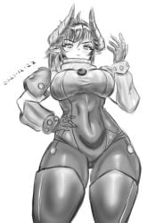 1girl 1girls armor bodysuit breasts commentary curvy dragon_girl dragon_horns english_commentary female grape_(vtuber) hand_on_own_hip highres hips horns indie_virtual_youtuber large_breasts looking_down monochrome pointy_ears ponytail shoulder_armor sketch skin_tight solo thick_thighs thighs tits virtual_youtuber vtuber wide_hips