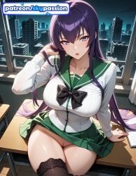 1girls 2026 ai_assisted ai_generated anime big_breasts boobs book breasts building bust busty chair city cityscape classroom desk green_skirt hi_res high_quality high_resolution highres highschool_of_the_dead large_breasts library long_hair on_desk patreon patreon_username purple_eyes saeko_busujima school school_desk school_uniform sitting sitting_on_desk skirt skypassion solo stable_diffusion thighhighs tits watermark