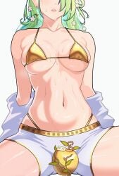 below_view between_legs ceres_fauna ginotty golden_apple golden_bikini legs_apart sweating tummy undressing white_background white_shorts