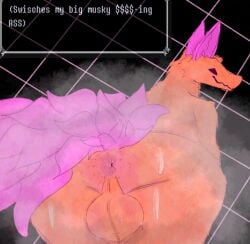 2026 backsack balls butt darkner deltarune digital_media_(artwork) english_text feral fur genitals hybrid kittytwink male multicolored_body musk musky_butt netskie orange_body orange_fur purple_body quadruped rear_view solo text text_box two_tone_body undertale_(series)