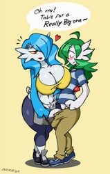 1boy 1girls assertive assertive_female blue_hair blush bottomwear breasts clothing dialogue english_text female female_pokemon gardevoir green_hair hair huge_breasts male male/female male_pokemon male_pokemon/female_pokemon nintendo noriega penis pokémon_(species) pokemon pokemon_(species) pokemon_rse red_eyes text topwear white_sclera yellow_eyes yellow_sclera