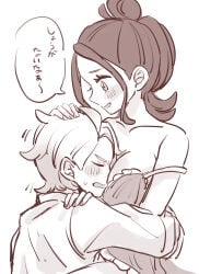 1boy 1girls blush breasts closed_eyes collarbone hand_on_another's_head harmony_(pokemon) head_between_breasts hugging nintendo pokemon pokemon_legends:_z-a sketch smile straight strap_slip translation_request urbain_(pokemon)