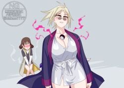 blush breasts brown_hair clothing genderswap kamen_rider kamen_rider_zeztz_(series) nem_(kamen_rider_zeztz) otokam1117 questionable rule_63 sieg_(kamen_rider_zeztz) steam tagme thighs tokusatsu