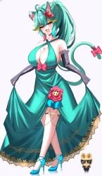 1girl 1girls absurdres ahoge animal_ears big_breasts black_gloves blonde_hair blue_hair bow breasts cat_ears cat_girl cat_tail cleavage dress elbow_gloves female flower full_body gloves green_dress green_hair hair_flower hair_ornament high_heels highres honeybun_(rosedoodle) large_breasts multicolored_hair open_mouth pink_hair ponytail red_bow red_eyes rosedoodle_(vtuber) symbol-shaped_pupils tail tail_bow tail_ornament tits vchiban virtual_youtuber vtuber white_background