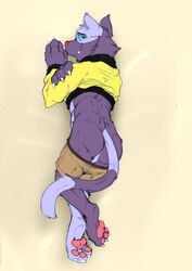 2021 anthro ass backsack balls biped clothing cute_fangs dakimakura_design domestic_cat felid feline felis genitals hi_res hopelesshighschool humanoid_hands lars_(the_human_heart) lying male male_only mammal purple_body red_nose solo the_human_heart_(game) underwear video_games visual_novel