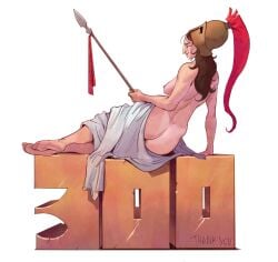 arms ass ass_crack back_view bare_arms bare_ass bare_back bare_breasts bare_shoulders barefoot big_ass big_nose breasts brown_hair brunette brunette_female brunette_hair butt butt_crack commissions_open drapery_(clothing) feet feet_together female female_only follower_celebration foot greek_armor greek_female greek_helmet greek_nose helmet helmet_only laying laying_on_side light_skin light_skinned_female medium_breasts nice_ass nipples no_bra no_panties nonsexual nonsexual_nudity nose nude nude_female roman_helmet roman_nose shoulders side_view solo solo_female spear tagme_(artist) tasteful_nudity toned toned_female twitter_link wavy_hair