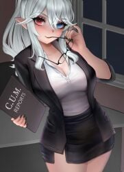 1girl 1girls big_breasts black_jacket black_nails black_skirt blue_eyes breasts clipboard commentary english_commentary female general_geega glasses grey_hair hanael_ward heterochromia highres indie_virtual_youtuber jacket large_breasts long_hair office_lady pointy_ears ponytail red_eyes sexy shirt skirt solo thick_thighs tits virtual_youtuber vtuber white_shirt window