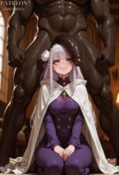 1boy 1girl ai_generated blunt_bangs blurry_background blush bodysuit braid breasts clothed_female_nude_male crown_braid dark-skinned_male dark_skin dress elf emilia_(re:zero) erection flower grey_hair grin hair_flower hair_ornament hair_ribbon hetero huge_penis indoors interracial large_breasts large_penis long_hair long_sleeves muscular muscular_male nude penis penis_awe pointy_ears purple_bodysuit purple_eyes re:zero re:zero_kara_hajimeru_isekai_seikatsu ribbon seiza sitting smile teeth testicles uncensored vantawaifu veins veiny_penis very_dark_skin white_flower x_hair_ornament