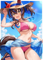 1girls asanagi_shion beach blue_hair blue_sky brown_hair cleavage daitaku_helios_(umamusume) day ears_through_headwear horse_ears horse_girl large_breasts looking_at_viewer navel ocean open_mouth outdoors pink_bikini sarong smile solo straw_hat thighs umamusume umamusume_pretty_derby yellow_eyes