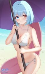 1girl 1girls artist_name artist_signature beach between_breasts bikini blue_eyes blue_fingernails blue_hair blush blush_lines blushing breasts cleavage collarbone colored_nails covered_navel cowboy_shot heterochromia holding holding_object holding_umbrella hyakuya_iori karakasa_obake kogasa_tatara light_blush long_tongue looking_at_viewer medium_breasts red_eyes sand shell short_hair side-tie_bikini side-tie_bikini_bottom side-tie_panties side_tie_bikini side_tie_bikini_bottom side_tie_panties signature smile smiley_face smiling smiling_at_viewer sole_female solo solo_female solo_focus standing swimsuit swimwear thighs tongue touhou umbrella very_long_tongue watermark white_bikini wide_hips