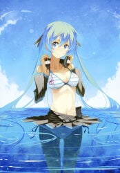1girls absurd_res aqua_eyes aqua_hair bare_shoulders bikini bikini_top_only breasts day detached_sleeves female_focus hair_ribbon hatsune_miku headphones headphones_around_neck highres hip_focus kasuga_ayumu_(haruhipo) long_hair looking_at_viewer medium_breasts navel print_bikini ribbon skirt smile solo striped_bikini striped_clothes swimsuit thigh_gap treble_clef twintails very_long_hair vocaloid wading water wide_hips