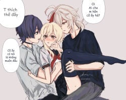 1girls 2boys after_kiss angry_face blonde_hair blush cupping_breasts female fighting_over_girl genshin_impact hand_under_clothes hand_under_shirt kaedehara_kazuha lumine_(genshin_impact) male male/female male/female/male on_lap saliva saliva_string sandwiched scaramouche_(genshin_impact) school_uniform speech_bubble suggestive text