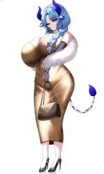 1girl 1girls absurdres alternate_costume animal_ears bag big_breasts black_gloves black_shoes blue_eyes blue_hair blush breasts cleavage closed_mouth cow_ears cow_girl cow_horns cow_tail dress elbow_gloves female gloves gold_dress high_heels highres holding holding_bag horns huge_breasts indie_virtual_youtuber looking_at_viewer massive_breasts medium_hair miilkywayz milf mommy shoes smile solo tail tits virtual_youtuber voluptuous vtuber