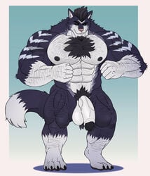 2020 4_toes 5_fingers anthro ball_tuft balls barefoot beard big_balls big_muscles big_penis black_claws black_glans black_hair black_nipples black_pawpads black_sclera blue_body blue_fur body_hair canid canine canis chest_hair claws domestic_dog ear_piercing ear_ring eyebrows facial_hair feet fingers flaccid flasker fur genitals glans green_eyes hair hairy hi_res huge_muscles humanoid_genitalia humanoid_hands humanoid_penis husky male mammal muscular muscular_anthro muscular_male nipples nordic_sled_dog nude pawpads penis piercing pink_nose plantigrade pubes simple_background solo spitz standing striped_body striped_fur stripes thick_eyebrows toes tuft vein veiny_muscles veiny_penis white_body white_fur white_penis zekken