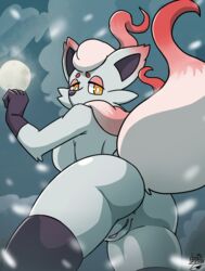 anthro anus ass clothing deathzera female fur furry furry_only game_freak genitals gloves handwear hi_res hisuian_zorua legwear looking_at_viewer low-angle_view moon mostly_nude nintendo outdoors pokémon_(species) pokemon pokemon_(species) pokemon_legends:_arceus pussy rear_view snow solo tail thigh_highs video_games zorua